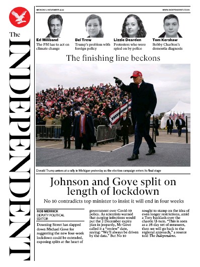 The Independent Newspaper Front Page (UK) for 2 November 2020