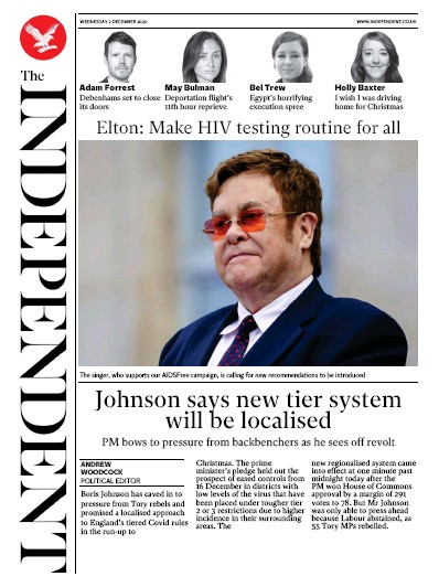 The Independent Newspaper Front Page (UK) for 2 December 2020