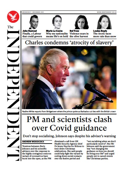 The Independent Newspaper Front Page (UK) for 2 December 2021