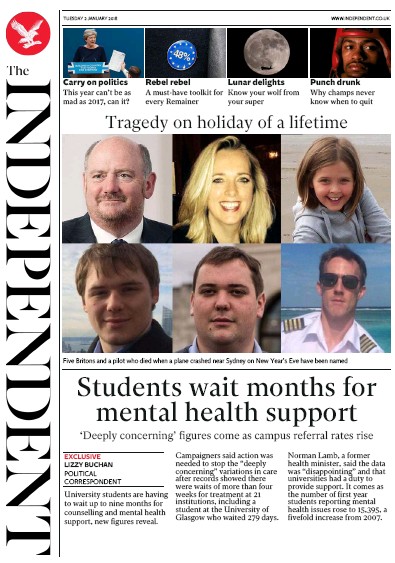 The Independent Newspaper Front Page (UK) for 2 January 2018
