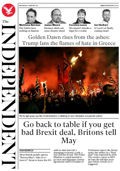 The Independent Newspaper Front Page (UK) for 2 February 2017