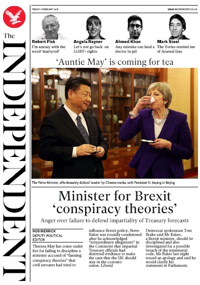 The Independent Newspaper Front Page (UK) for 2 February 2018