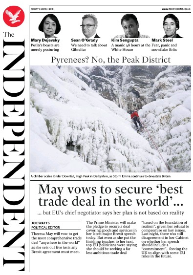 The Independent Newspaper Front Page (UK) for 2 March 2018