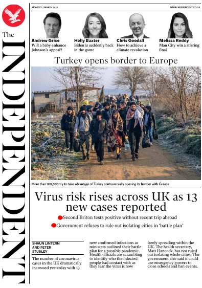 The Independent Newspaper Front Page (UK) for 2 March 2020
