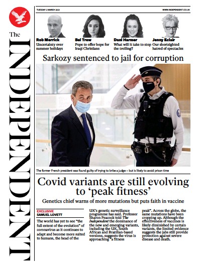 The Independent Newspaper Front Page (UK) for 2 March 2021