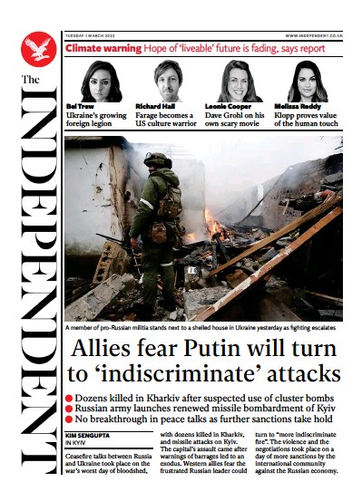 The Independent Newspaper Front Page (UK) for 2 March 2022