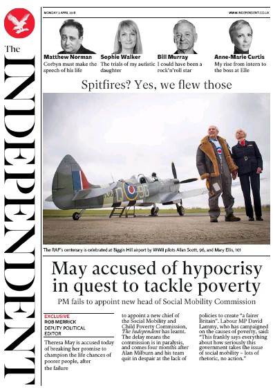The Independent Newspaper Front Page (UK) for 2 April 2018