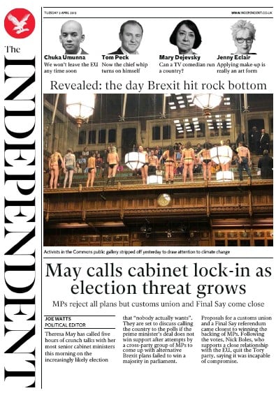 The Independent Newspaper Front Page (UK) for 2 April 2019
