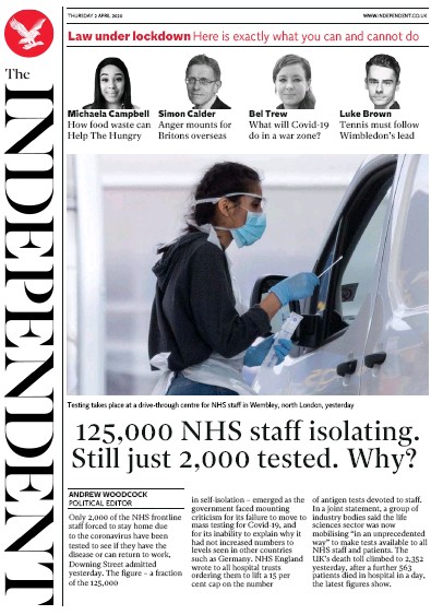 The Independent Newspaper Front Page (UK) for 2 April 2020