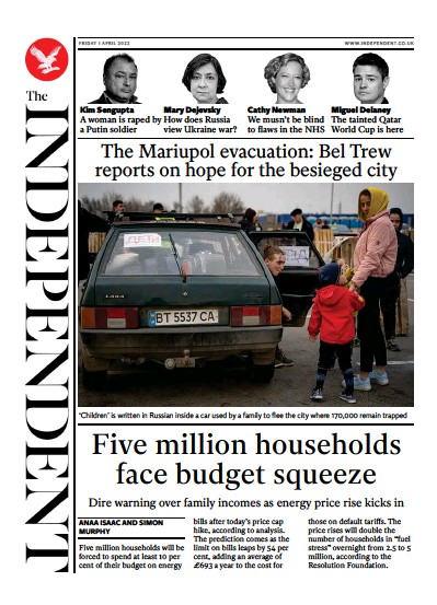 The Independent Newspaper Front Page (UK) for 2 April 2022