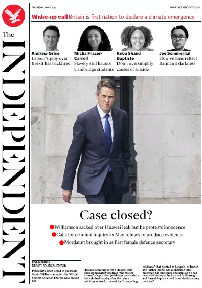 The Independent Newspaper Front Page (UK) for 2 May 2019