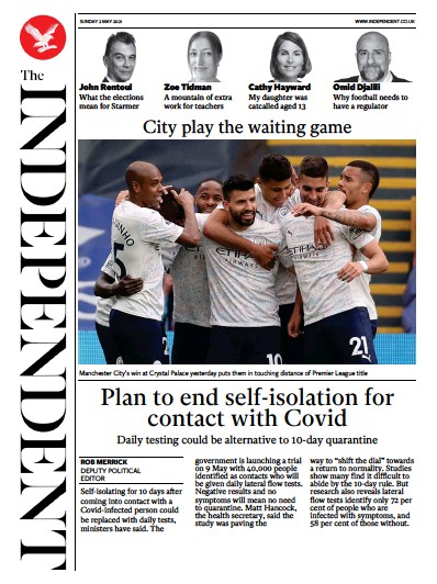The Independent Newspaper Front Page (UK) for 2 May 2021