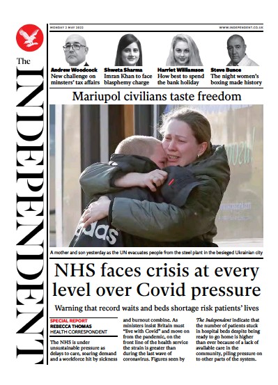 The Independent Newspaper Front Page (UK) for 2 May 2022