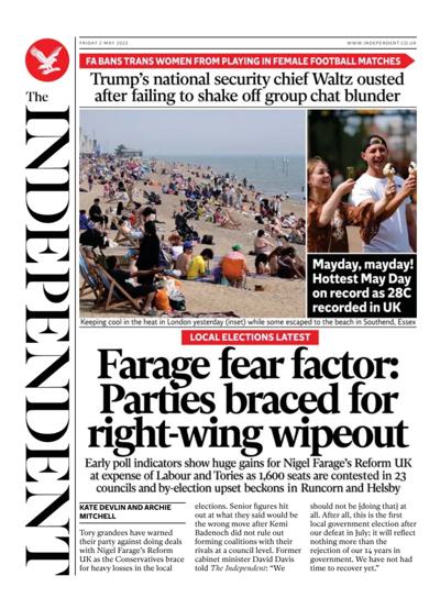 The Independent Newspaper Front Page (UK) for 2 May 2025