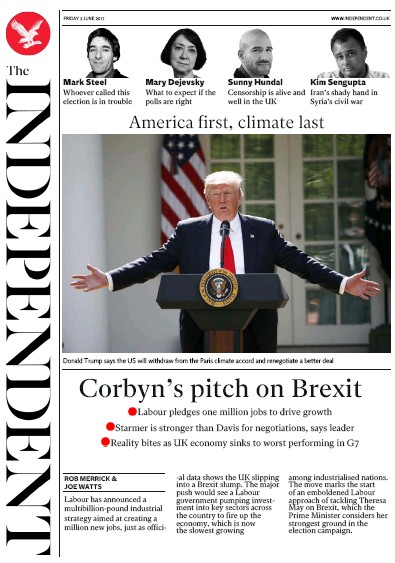 The Independent Newspaper Front Page (UK) for 2 June 2017