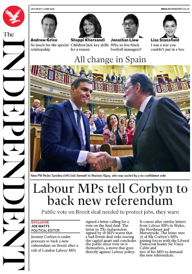 The Independent Newspaper Front Page (UK) for 2 June 2018