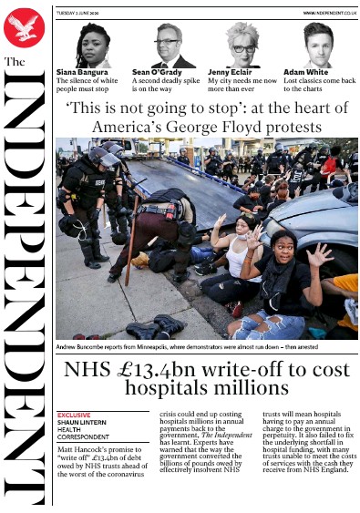The Independent Newspaper Front Page (UK) for 2 June 2020