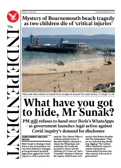 The Independent Newspaper Front Page (UK) for 2 June 2023