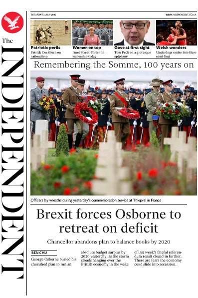 The Independent Newspaper Front Page (UK) for 2 July 2016