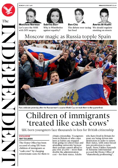 The Independent Newspaper Front Page (UK) for 2 July 2018