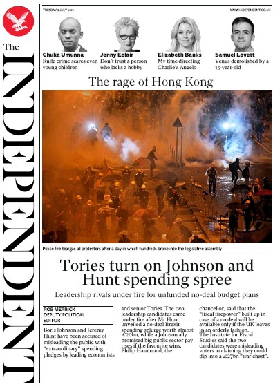 The Independent Newspaper Front Page (UK) for 2 July 2019