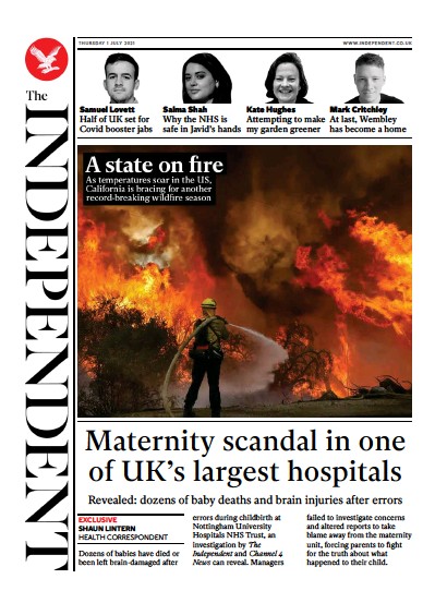 The Independent Newspaper Front Page (UK) for 2 July 2021