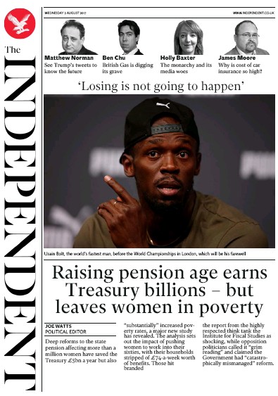 The Independent Newspaper Front Page (UK) for 2 August 2017