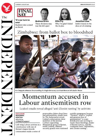 The Independent Newspaper Front Page (UK) for 2 August 2018