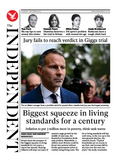 The Independent Newspaper Front Page (UK) for 2 September 2022