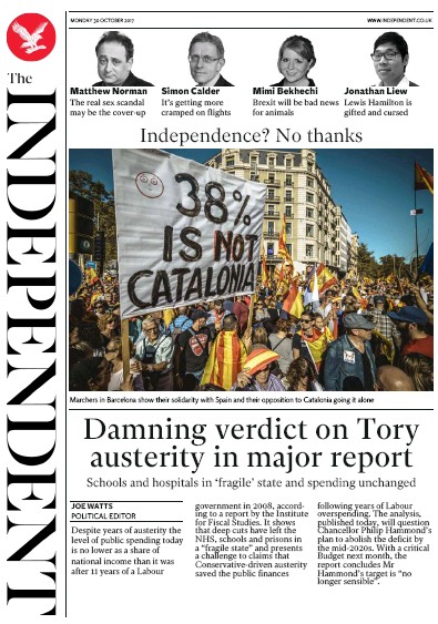 The Independent Newspaper Front Page (UK) for 30 October 2017