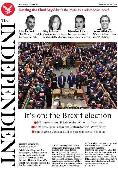 The Independent Newspaper Front Page (UK) for 30 October 2019