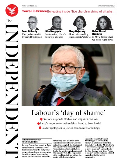The Independent Newspaper Front Page (UK) for 30 October 2020