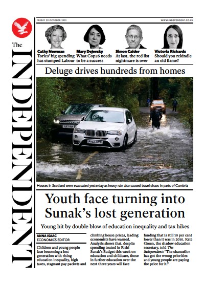 The Independent Newspaper Front Page (UK) for 30 October 2021