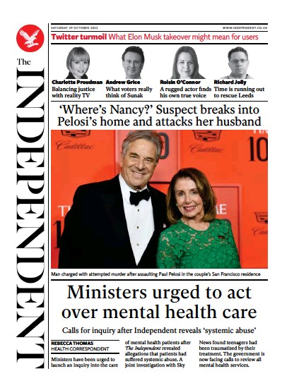 The Independent Newspaper Front Page (UK) for 30 October 2022