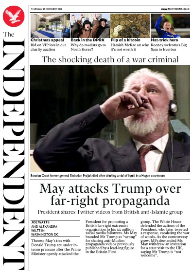 The Independent Newspaper Front Page (UK) for 30 November 2017