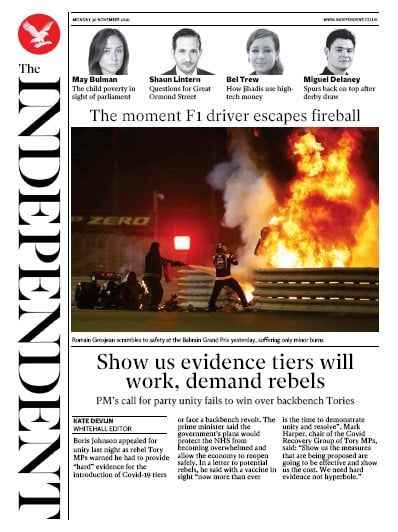 The Independent Newspaper Front Page (UK) for 30 November 2020