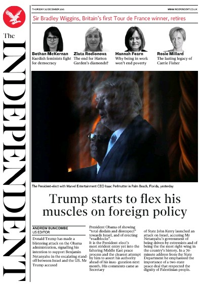 The Independent Newspaper Front Page (UK) for 30 December 2016