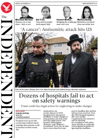 The Independent Newspaper Front Page (UK) for 30 December 2019