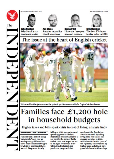The Independent Newspaper Front Page (UK) for 30 December 2021