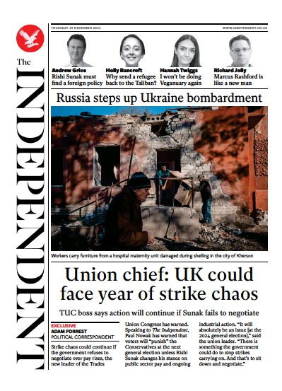 The Independent Newspaper Front Page (UK) for 30 December 2022