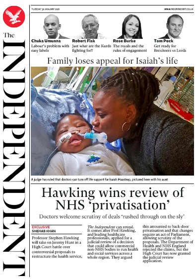 The Independent Newspaper Front Page (UK) for 30 January 2018