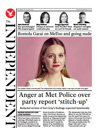 The Independent Newspaper Front Page (UK) for 30 January 2022