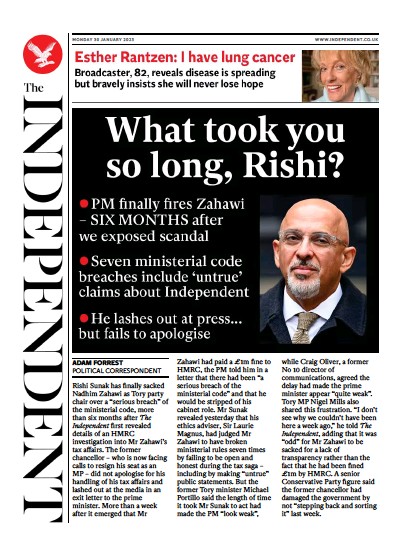 The Independent Newspaper Front Page (UK) for 30 January 2023