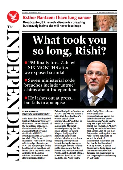 The Independent Newspaper Front Page (UK) for 30 January 2023