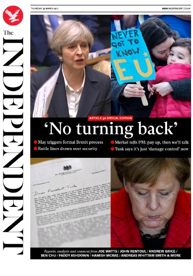The Independent Newspaper Front Page (UK) for 30 March 2017