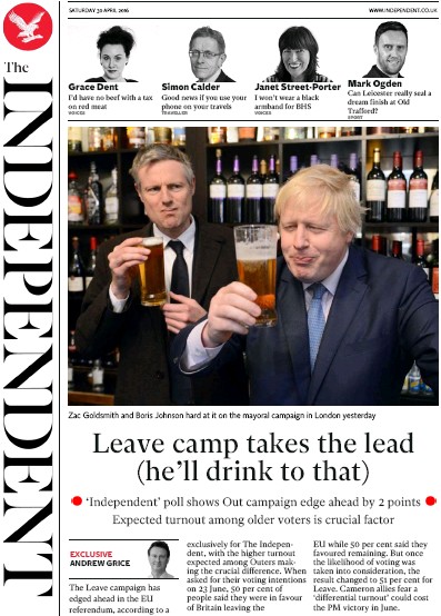 The Independent Newspaper Front Page (UK) for 30 April 2016