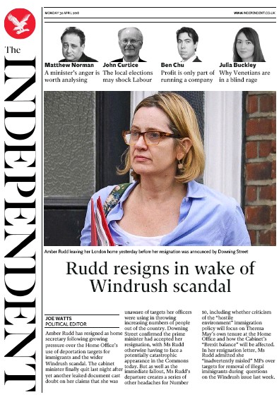 The Independent Newspaper Front Page (UK) for 30 April 2018