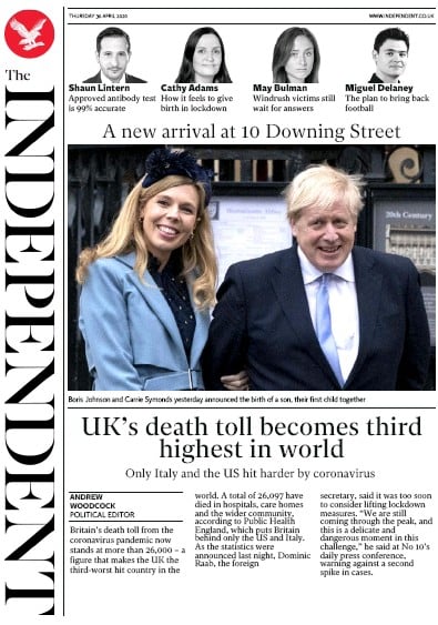 The Independent Newspaper Front Page (UK) for 30 April 2020