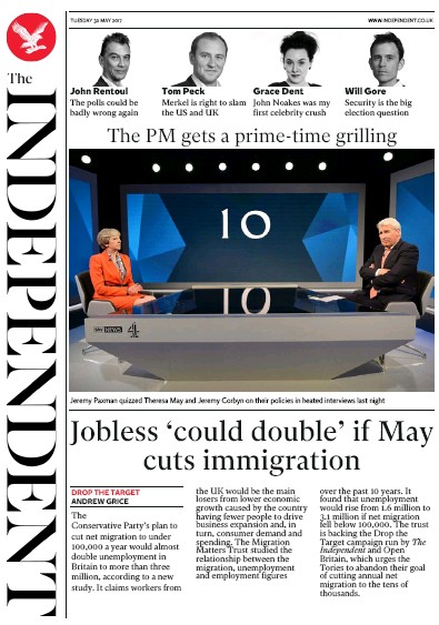 The Independent Newspaper Front Page (UK) for 30 May 2017