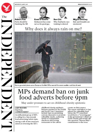 The Independent Newspaper Front Page (UK) for 30 May 2018
